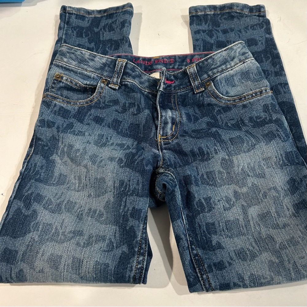 Lands End Dark Blue Denim Horse Print Skinny Jeans Girls Size 8 - Picture 9 of 12